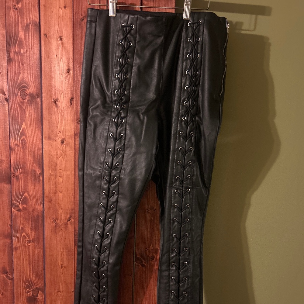 Topshop Faux Leather Percy Lace Up Skinny Pants High Waisted Black Size 10